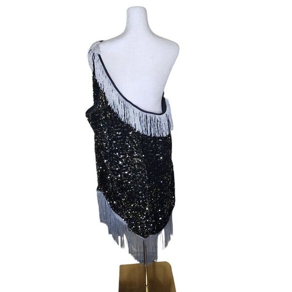 Retro 1920s Sequined One Shoulder Fringe Flapper Dress Womens Size 4XL Black Gat - Picture 4 of 7